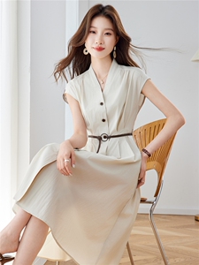 现货！2026年夏季V领中长款连衣裙女气质大方雾霾蓝裙子图片