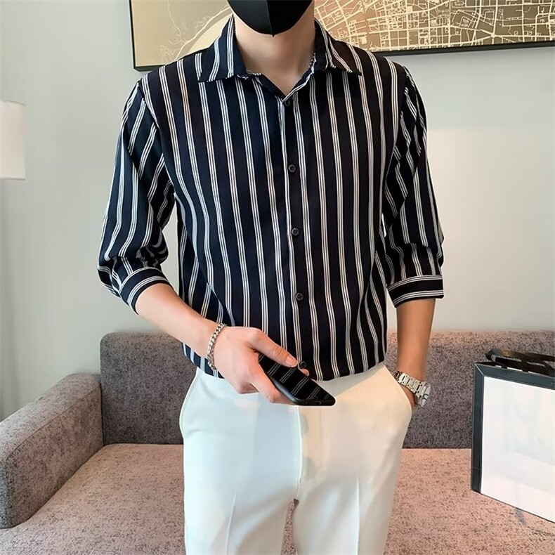 春季潮流青春流行男衬衫文艺标准百搭条纹简约七分袖C156-9,男装衬衫,星座1116A-2（原606A-1）