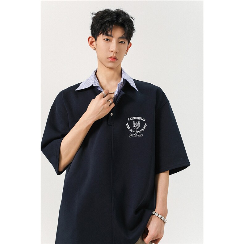 1假两件衬衫领POLO衫M-5XL大码潮流休闲短袖T恤DX78040特P48控78,男装T恤,星座226-2