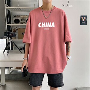2024夏季新款宽松大码港风CHINA印花运动短袖纯棉T恤T1916-P22，男装T恤，星座508（原C305）