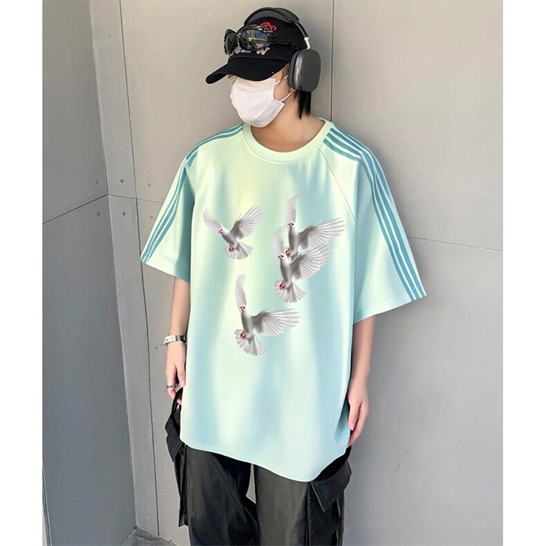 抖音得物品质二开240克宽松纯棉美式潮牌印花三条杠中性风短袖T恤,男装T恤,电商A486-1
