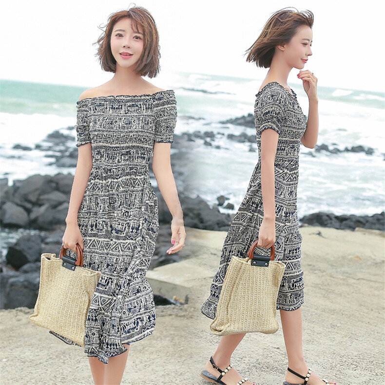 连衣裙圆领松紧腰套头2021年夏季短袖一字领显瘦修身百搭，女装连衣裙，诗贝淇