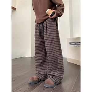 港风秋冬款男女休闲裤毛呢条纹格子老钱风宽松阔腿长裤HK061 P65图片