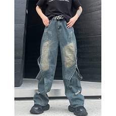 妈个鸡妈MGJM拼接美式绑带复古阔腿破洞牛仔裤男女宽松裤子潮，男装牛仔裤，星座601-1