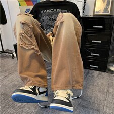潮流破洞休闲直筒牛仔裤宽松阔复古韩版男士阔腿拖地裤N9129-p45，男装牛仔裤，星座1008-1