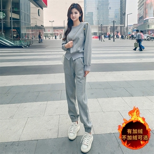 气女春季新款韩系圆领订扣设计感卫衣束脚裤两件套图片