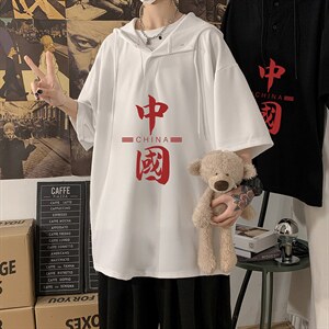 LD54198-P45 连帽短袖t恤男大码胖子带帽五分袖中袖图片