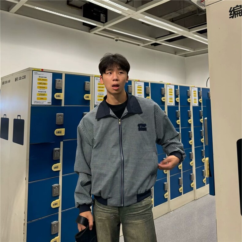 A727-P54 美式黑白千鸟格纹短外套男秋季新款上衣运动休闲夹克图片