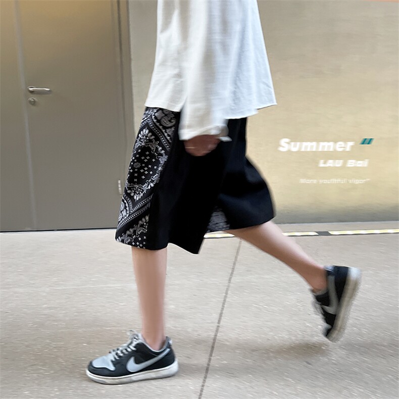2025夏季新款拼接休闲五分裤潮流宽松冰丝短裤A125-6606-P25,男装牛仔裤,电商A125