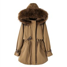 棉衣/棉服2023新款冬仿羊羔毛中长款工装带帽派克服女外套配毛领，女装派克服，瑶迪依秀