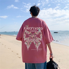 ！23夏季新款宽松大码港风蝴蝶短袖纯棉T恤T1986-P25，男装T恤，星座508（原C305）
