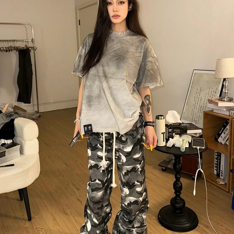 美式迷彩裤女夏季双腰头拖地休闲裤设计感直筒阔腿裤宽松帆布裤子,男装休闲裤,星座218-1（原230）