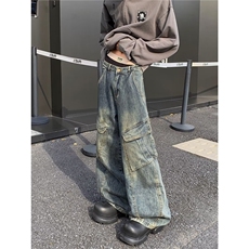 美式高街复古多口袋工装牛仔裤男女直筒裤情侣阔腿裤子76922-p62，男装牛仔裤，星座1008