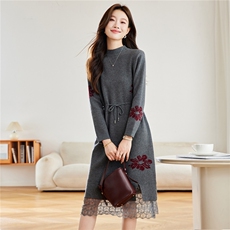 蕾丝针织连衣裙女秋冬2025新款配大衣中长款内搭妈妈毛衣打底裙，女装羊毛衫，艾米