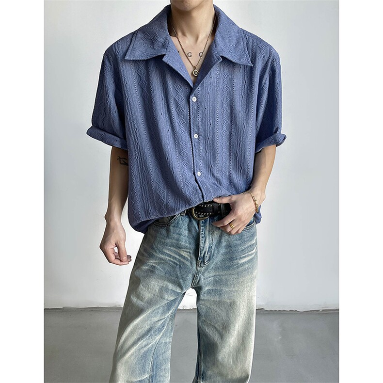 镂空古巴领短袖衬衫男夏季高级感痞帅凉感衬衣-A2398P33控58，男装T恤，电商B241