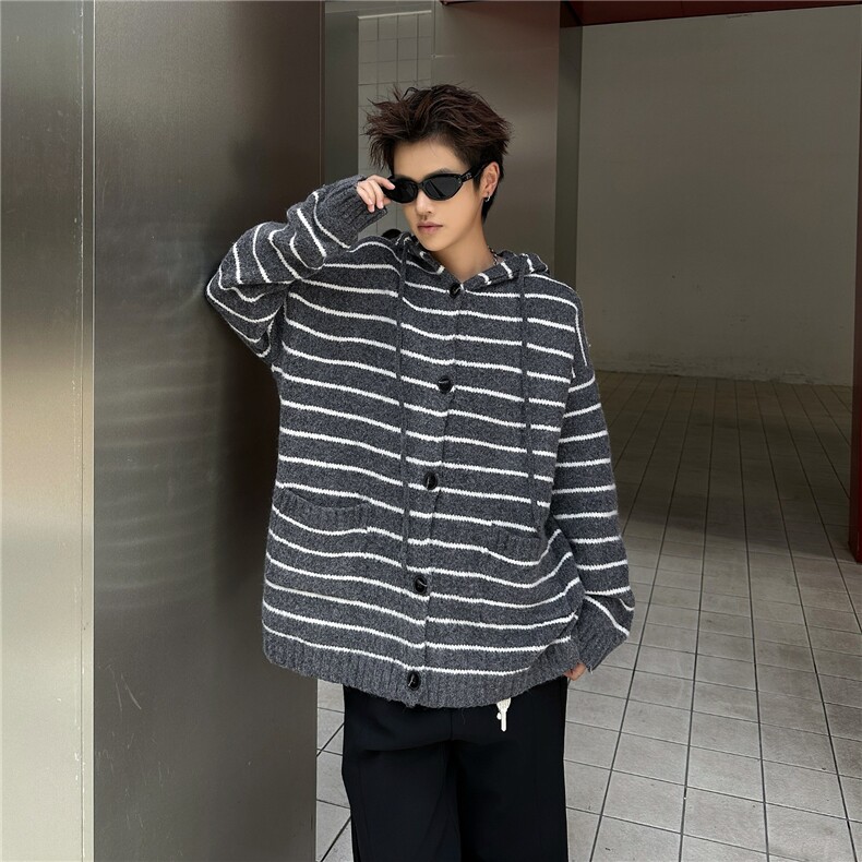 条纹连帽毛衣男女美式复古慵懒风撞色针织开衫外套潮流9574P64，男装针织衫/毛衣，星座410-2