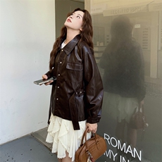 美拉德咖色短款皮衣外套女春秋高级感超火好看又酷又飒机车服夹克，女装皮衣，2C050