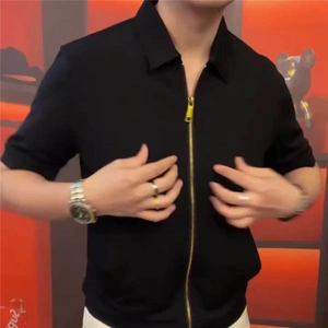 现货 高品质 抖音 潮牌帅气高弹力拉链短袖T恤男 T399P55图片
