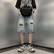 破洞牛仔短裤男夏季高街直筒裤宽松休闲五分裤子网图DT1726-P36，男装牛仔裤，星座302B