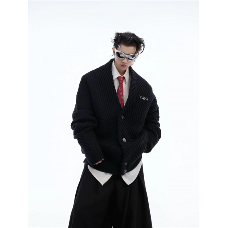 W10341-P80网图现货重磅螺纹宽松V领毛衣宽松柔软针织衫外套,男装针织衫/毛衣,星座1608