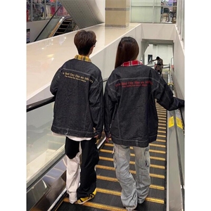 W9605-P70 网图现货 复古格子翻领拼接美式工装拉链牛仔夹克图片