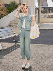 夏季时尚牛仔套装女2025年新款休闲穿搭欧货时髦洋气九分裤两件套，女装套装/套裙，意芙