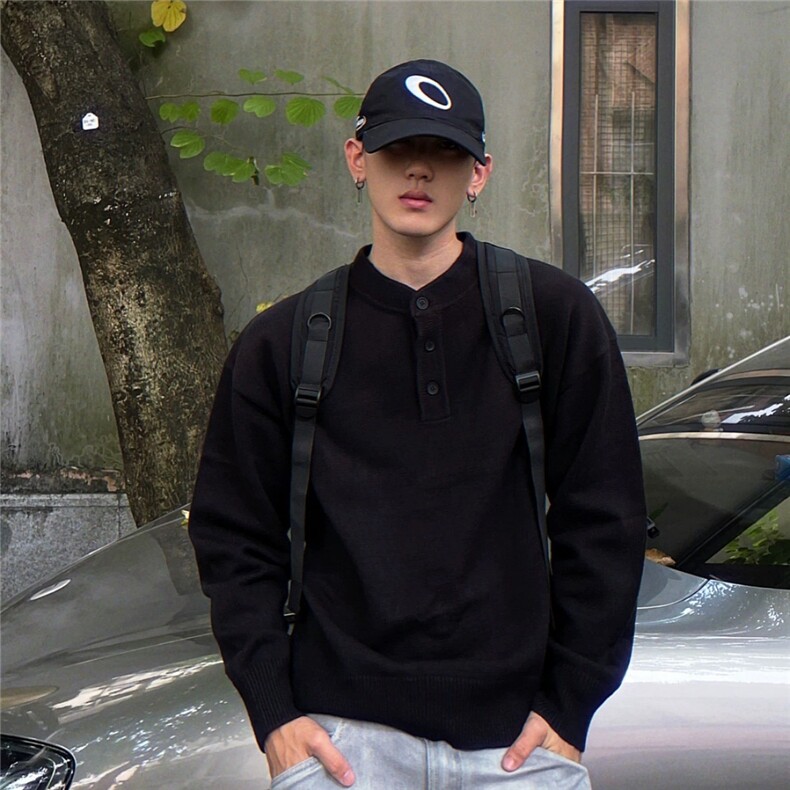 黑色美式亨利领长袖t恤男款秋冬季华夫格卫衣内搭打底衫，男装T恤，星座506A
