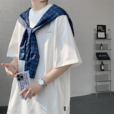 8XL-M潮情侣美式拼接打结格子假两件短袖宽松纯棉T恤男DX338，男装T恤，电商D206-1