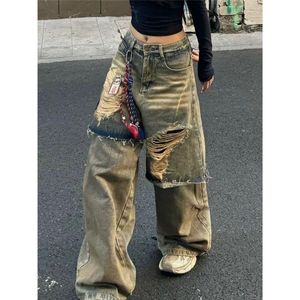 美式街头重工水洗破洞假两件牛仔裤女设计感宽松垂感裤WLN947-P60图片