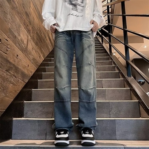 街头设计感分割水洗复古牛仔裤男女款美式hiphop高街长裤子KZ106图片