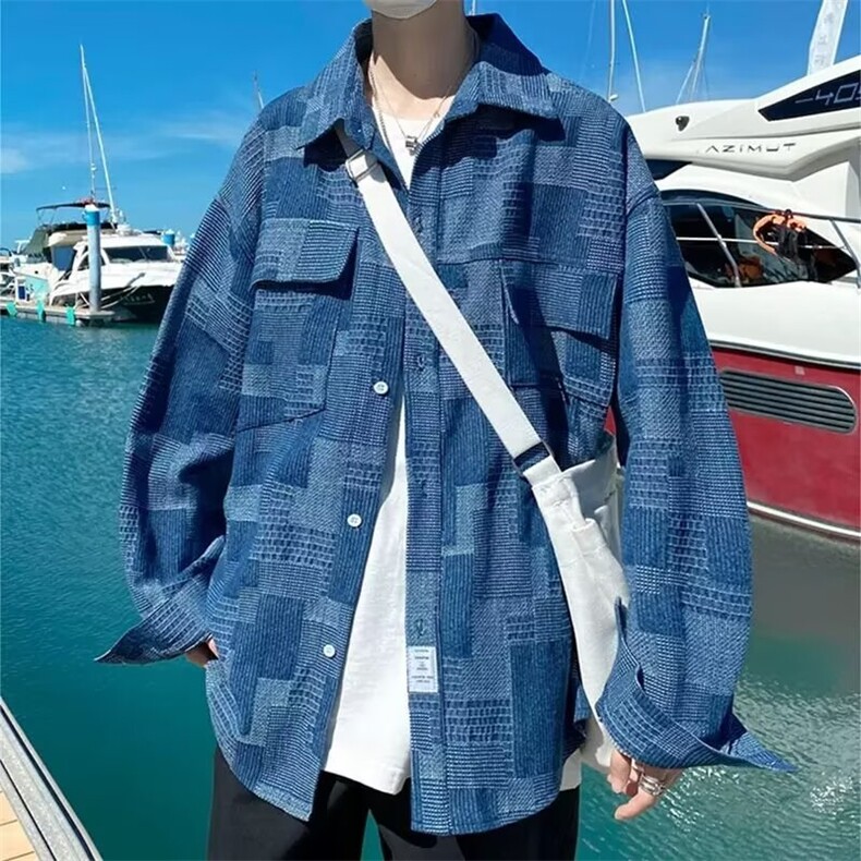 港风复古工装牛仔衬衫男潮牌水洗做旧上衣长袖宽松薄款格子外套潮，男装衬衫，星座1210-1