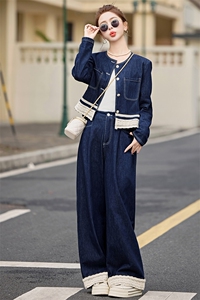 蕾丝拼接牛仔套装女2025春季新款穿搭时尚牛仔外套阔腿长裤两件套图片