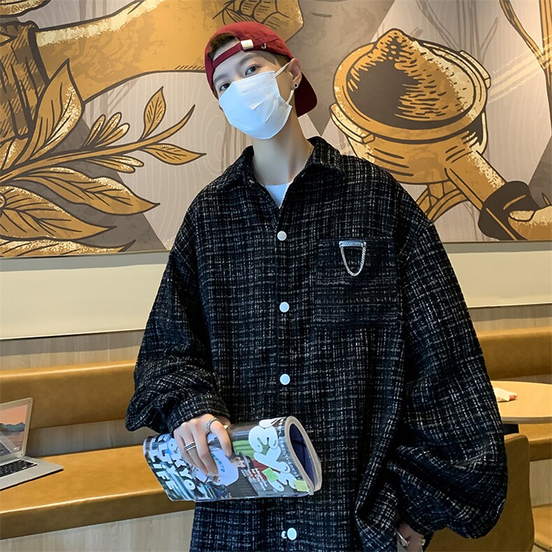 A778-P59港风复古小香风休闲衬衣秋季日系潮流格子长袖衬衫男,男装衬衫,星座512-6