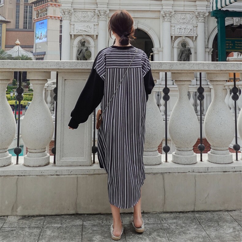 现货271-9903-P115新款腰带前后两用卫衣拼条纹连衣裙控价168,女装连衣裙,浙宝271