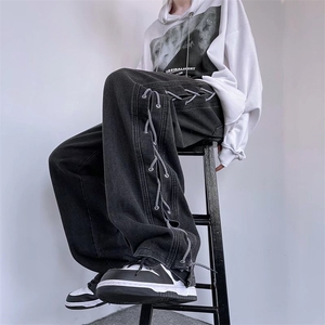 hiphop炸街裤子高街ins潮男美式牛仔裤设计感小众阔腿裤CN340-p52图片