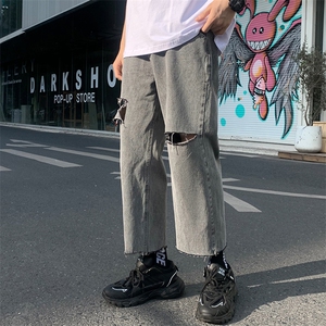 破洞牛仔裤烟灰色宽松直筒裤KD110-P45图片