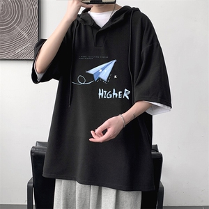 LD54270-P45NASA 连帽短袖t恤男大码胖子带帽五分袖中袖图片