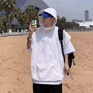 山本耀司连帽短袖t恤男高级感无袖冲锋衣马甲暗黑系设计感5五分袖图片