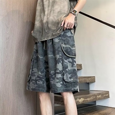 迷彩牛仔短裤男夏复古设计水洗工装五分裤小众百搭中裤子D11/P50，男装牛仔裤，星座506