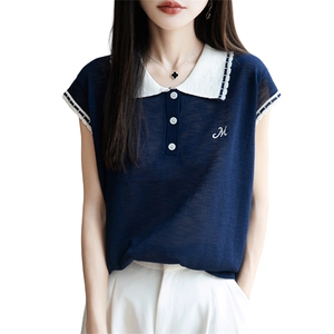 撞色翻领冰麻针织小飞袖T恤女2025夏薄Polo领上衣显瘦短袖t恤衫潮图片