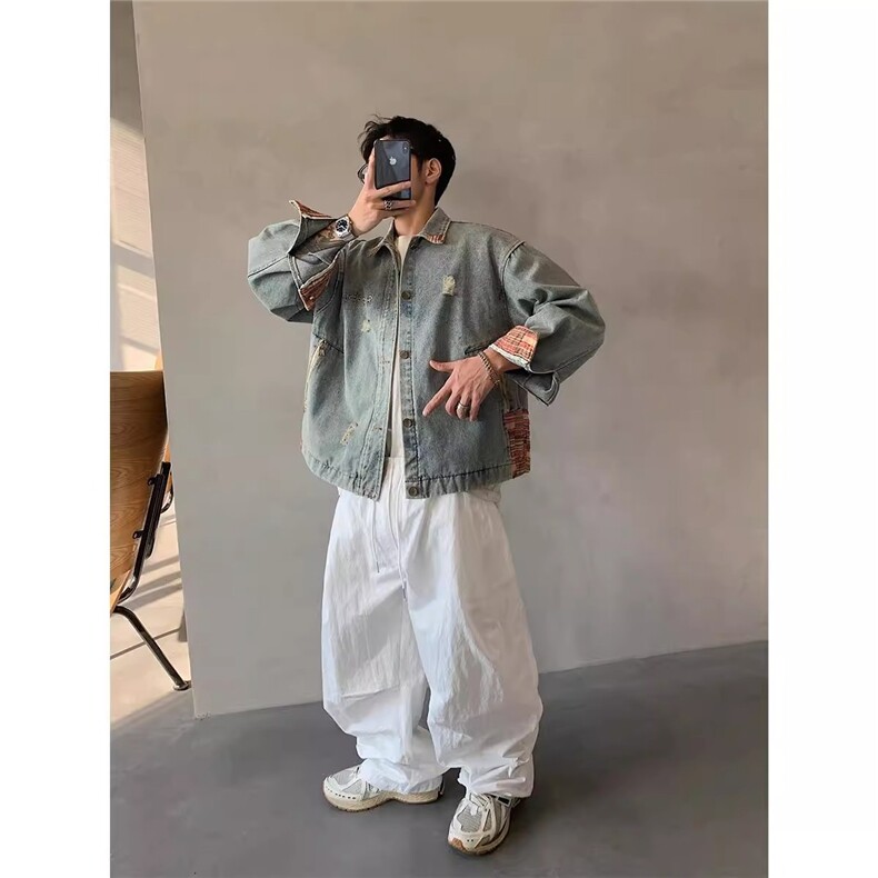 春秋美式撞色牛仔外套男设计感衣角撞色潮复古宽松夹克HH8222P78,男装工装外套,星座1013-5