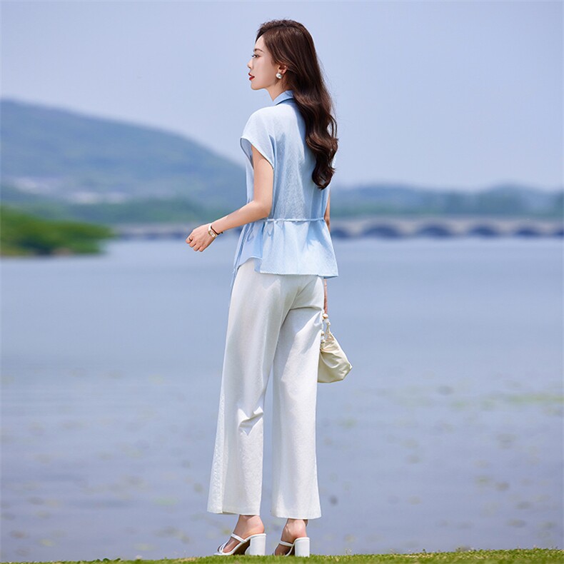 时尚休闲套装女夏季薄款2025新款高级感减龄短袖衬衫阔腿裤两件套,女装套装/套裙,靓衣阁