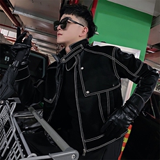 AF35加绒/P140控190冬季社会小伙复古重工明线夹克外套男黑首1，男装夹克，星座305B-1