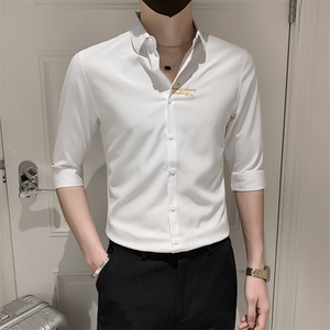 夏季新款休闲衬衣修身款男士七分袖刺绣衬衫男301A-1/CS331/P55