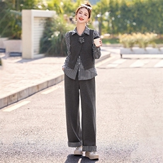 欧货休闲气质套装女2025早秋洋气设计感格纹拼接衬衫阔腿裤三件套，女装套装/套裙，尚娜萱