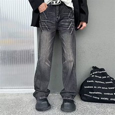 新款男生裤子水洗高街宽松直筒裤男士闪电裂纹牛仔裤子N199，男装牛仔裤，星座1116A-1（原606A）