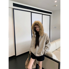 网图美式复古条纹毛领连帽卫衣外套女秋季休闲宽松开衫上衣特P79，女装短外套，电商C306-1