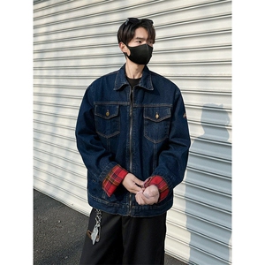 美式复古格纹拼接牛仔外套男女休闲宽松百搭工装夹克潮JK1166-P78图片