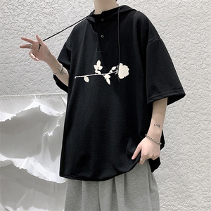 LD54360-P45NASA 连帽短袖t恤男大码胖子带帽五分袖中袖图片