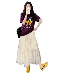 紫色印花短袖薄纱半身裙套装女2025年夏季新款巨好看高级感两件套图片